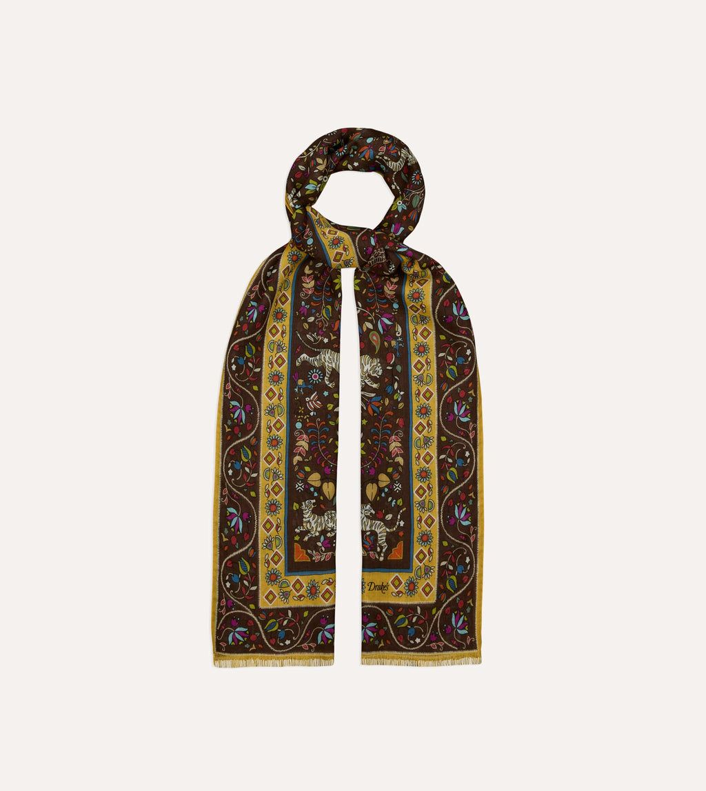 Drake's Tiger Garden Printed Scarf - Brown