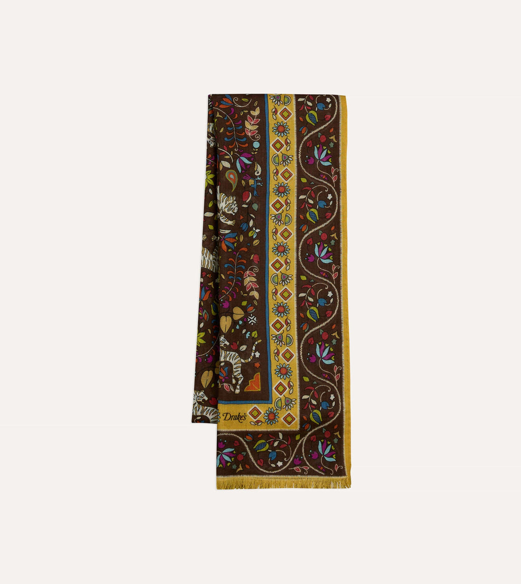 Drake's Tiger Garden Printed Scarf - Brown