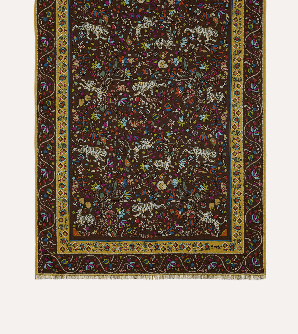 Drake's Tiger Garden Printed Scarf - Brown