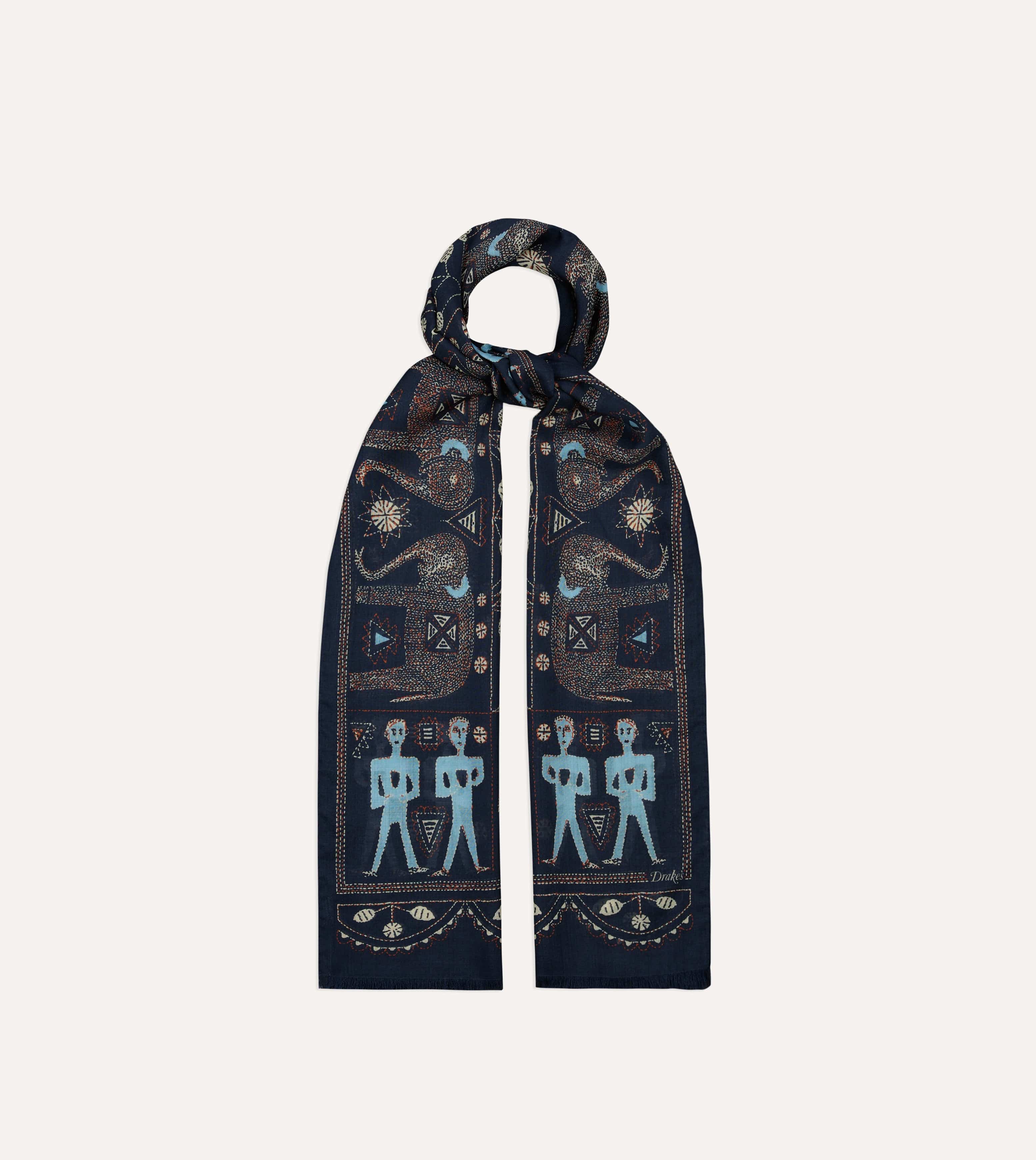 Drake's Embroidered Elephant Print Scarf - Navy