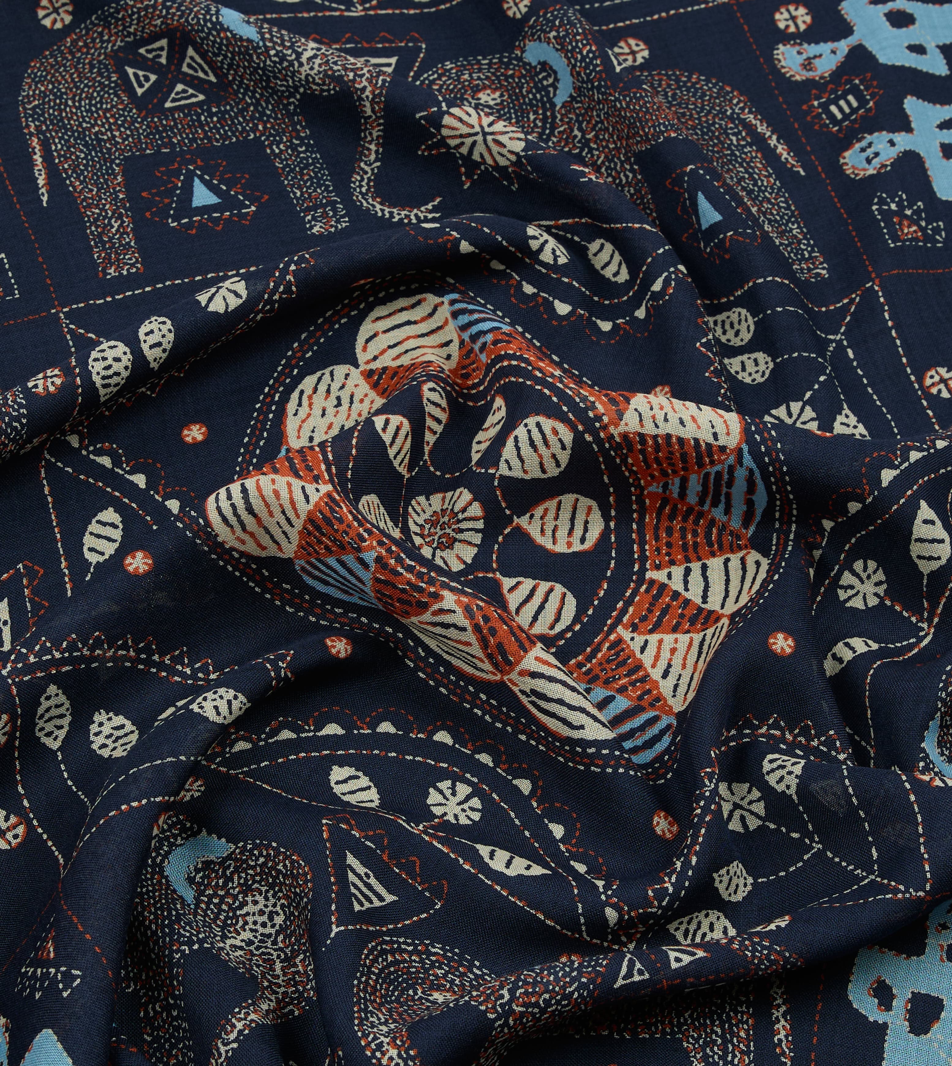 Drake's Embroidered Elephant Print Scarf - Navy