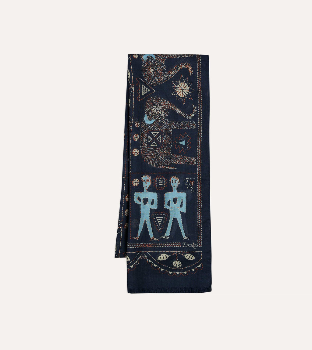 Drake's Embroidered Elephant Print Scarf - Navy