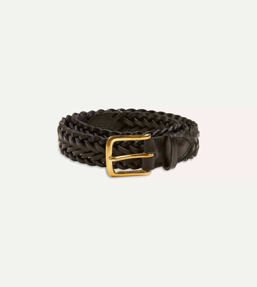 Drake's Plaited Bridle Leather Belt with Brass Buckle - Black