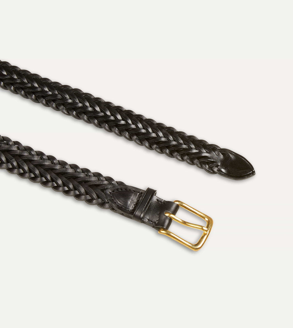 Drake's Plaited Bridle Leather Belt with Brass Buckle - Black