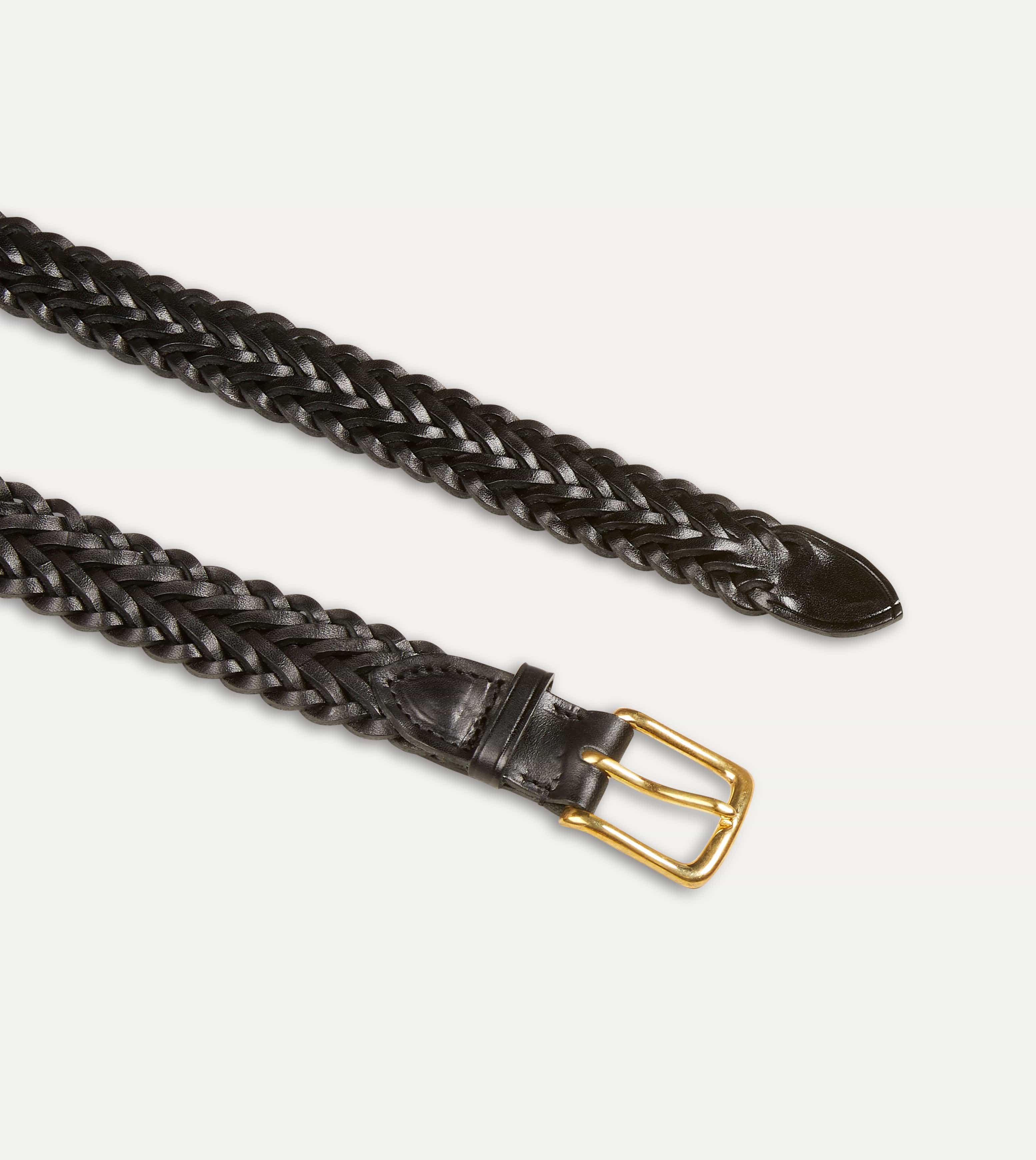 Drake's Plaited Bridle Leather Belt with Brass Buckle - Black