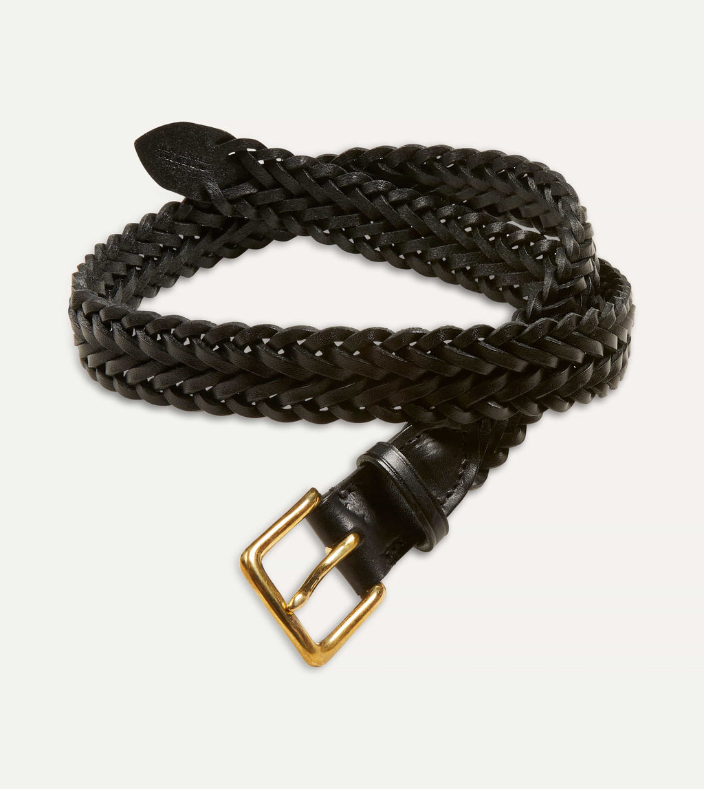 Drake's Plaited Bridle Leather Belt with Brass Buckle - Black
