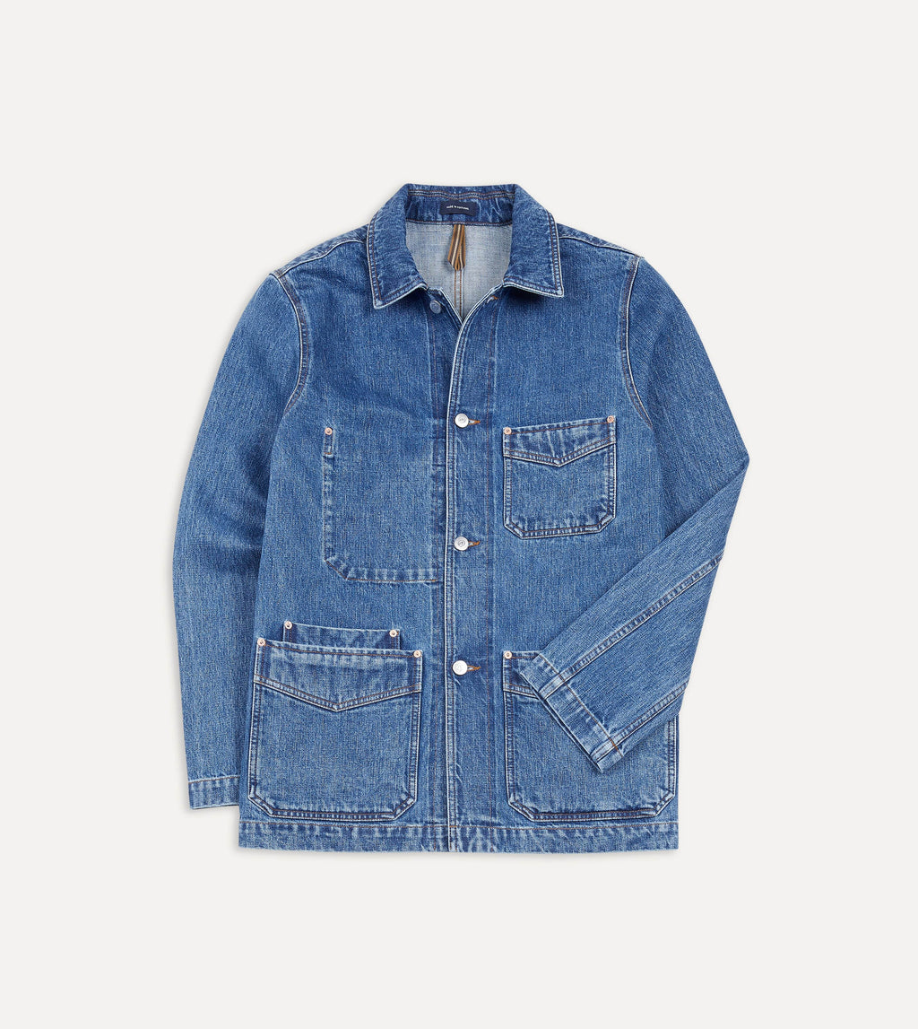 Drake's Selvedge Denim 5-Pocket Chore Jacket - Bleach Wash
