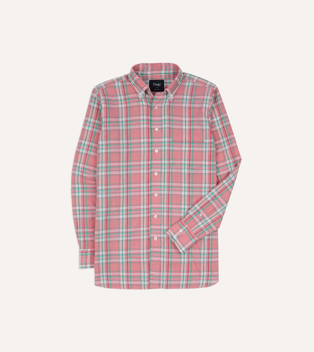 Drake's Madras Button Down Shirt - Pink, White & Green
