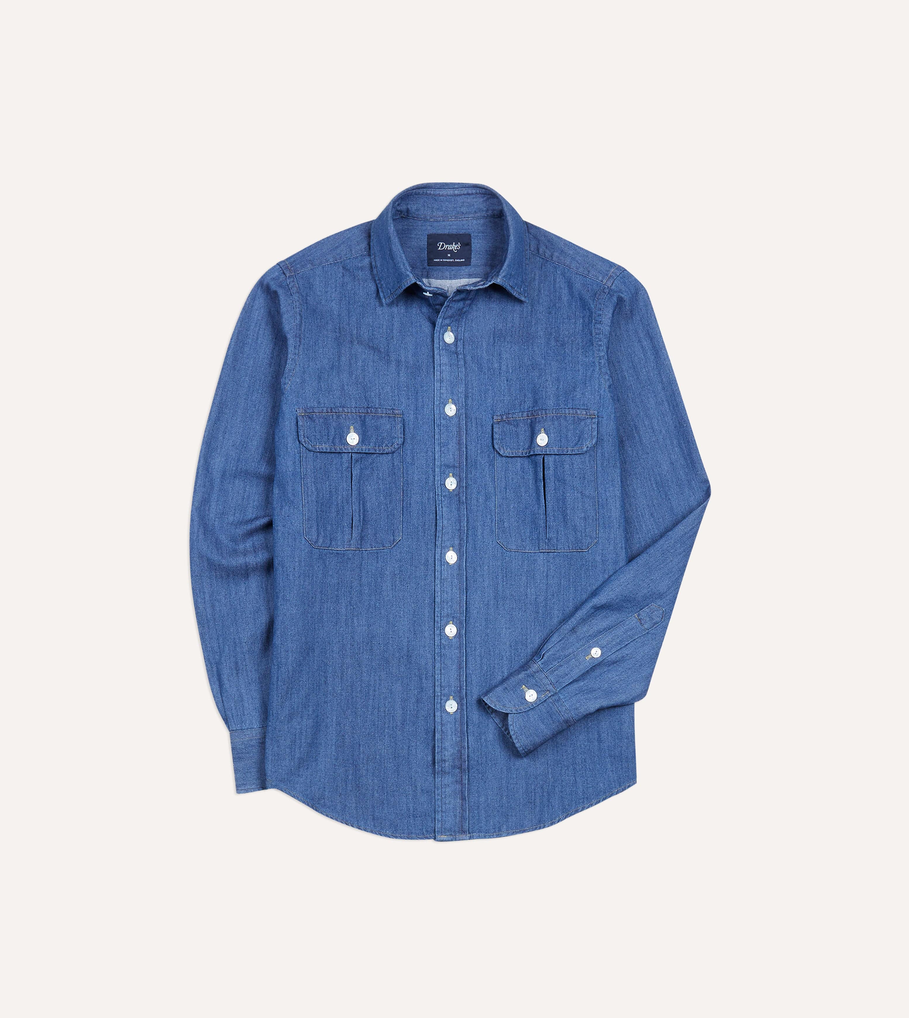 Drake's Washed Denim Cotton Two-Pocket Work Shirt - Mid Blue