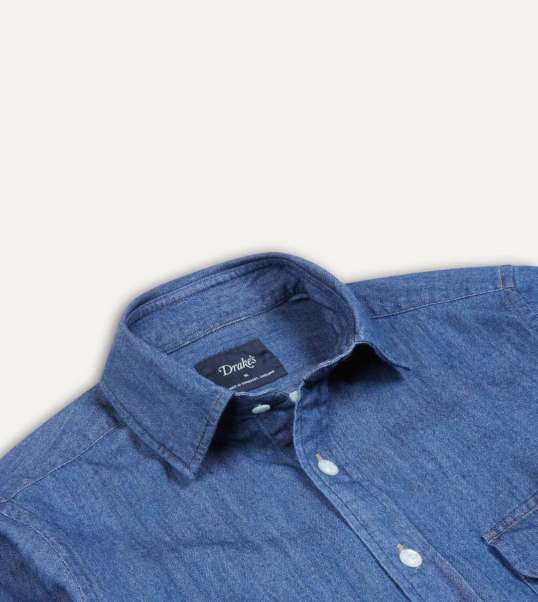 Drake's Washed Denim Cotton Two-Pocket Work Shirt - Mid Blue