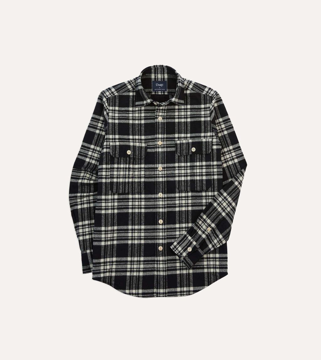 Drake's Check Heavy Cotton Work Shirt - Black/Ecru