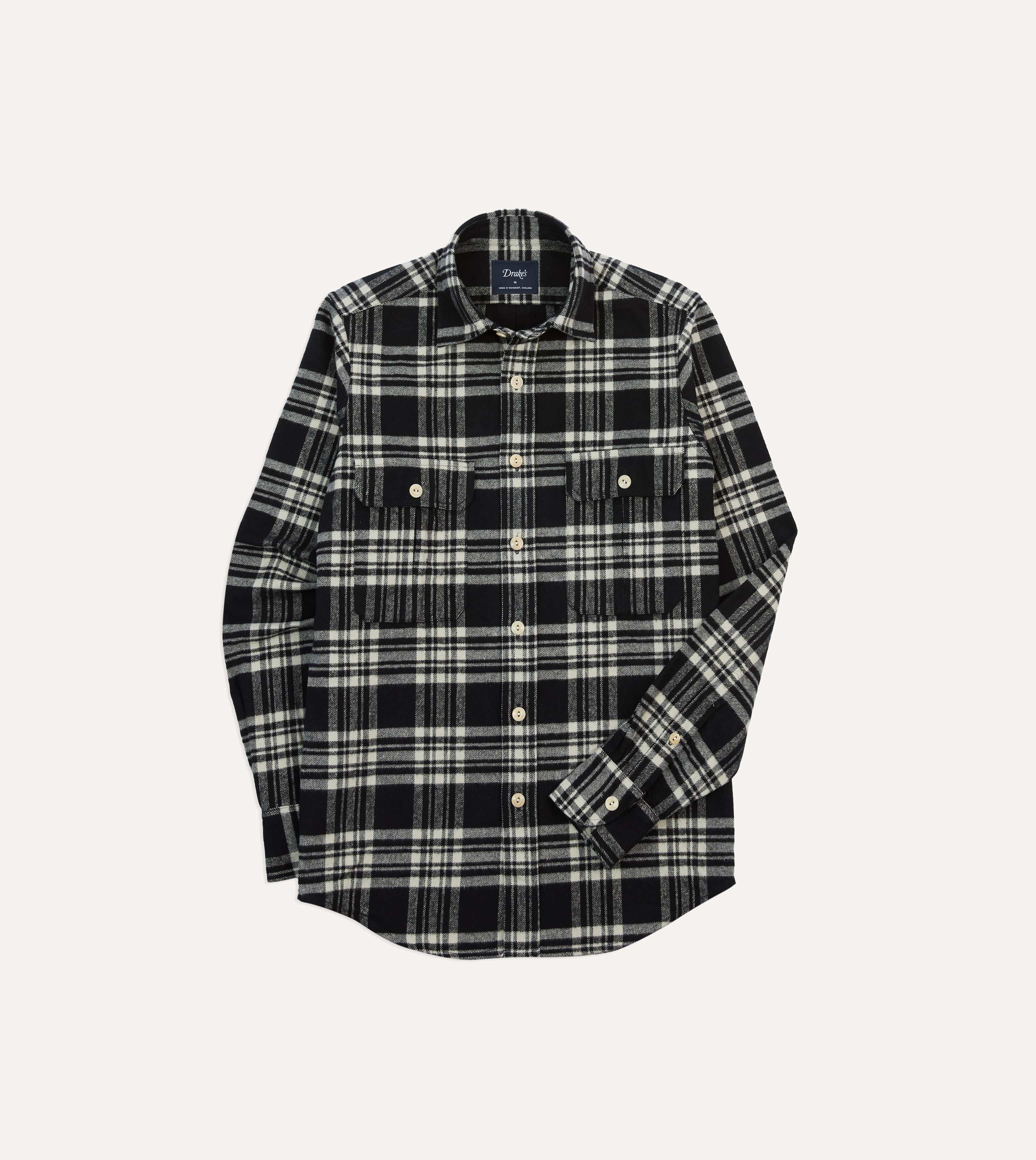 Drake's Check Heavy Cotton Work Shirt - Black/Ecru
