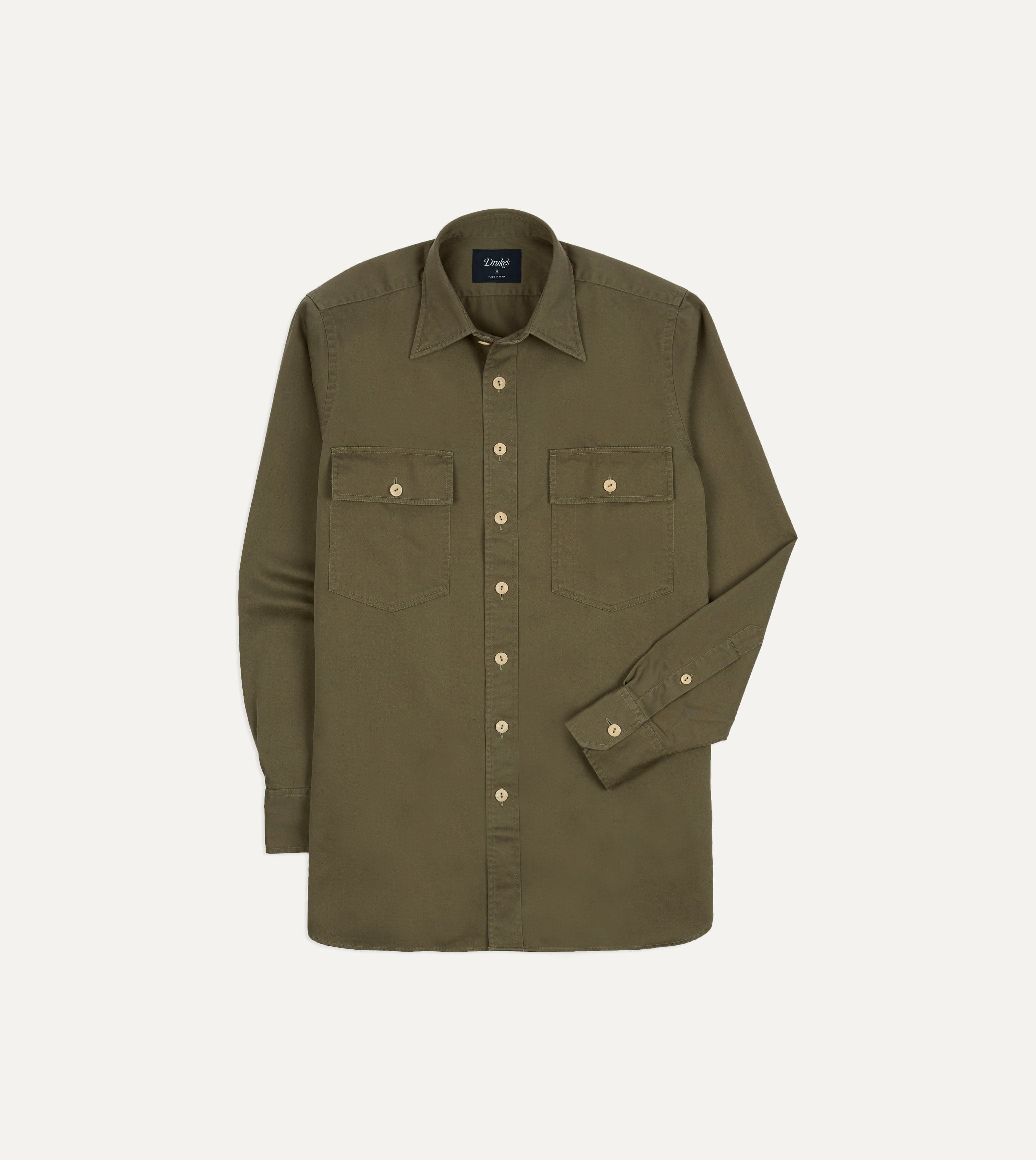 Drake's Long Point Collar Work Shirt - Military Green