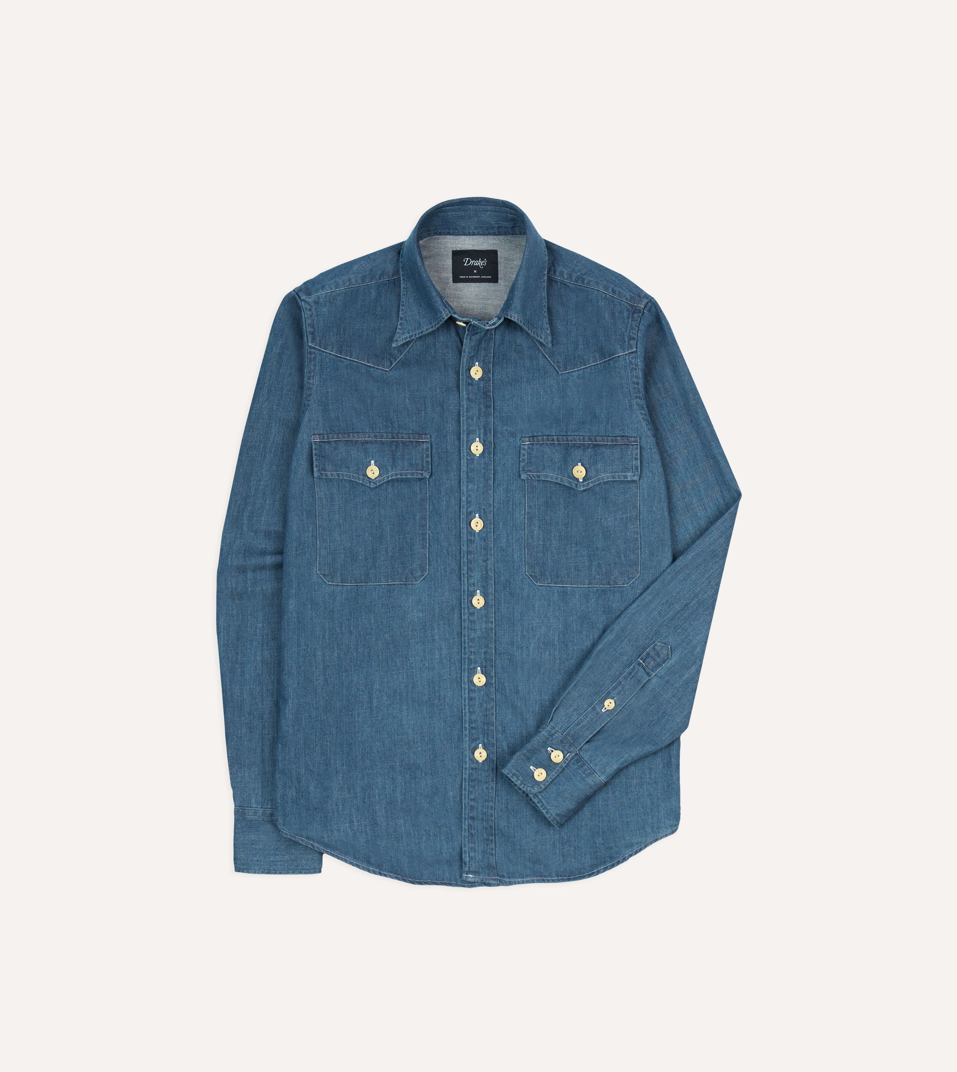 Drake's Light Denim Western Shirt - Stone Wash