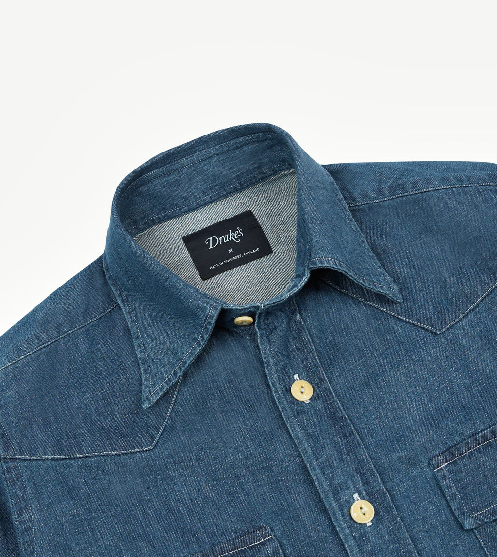Drake's Light Denim Western Shirt - Stone Wash