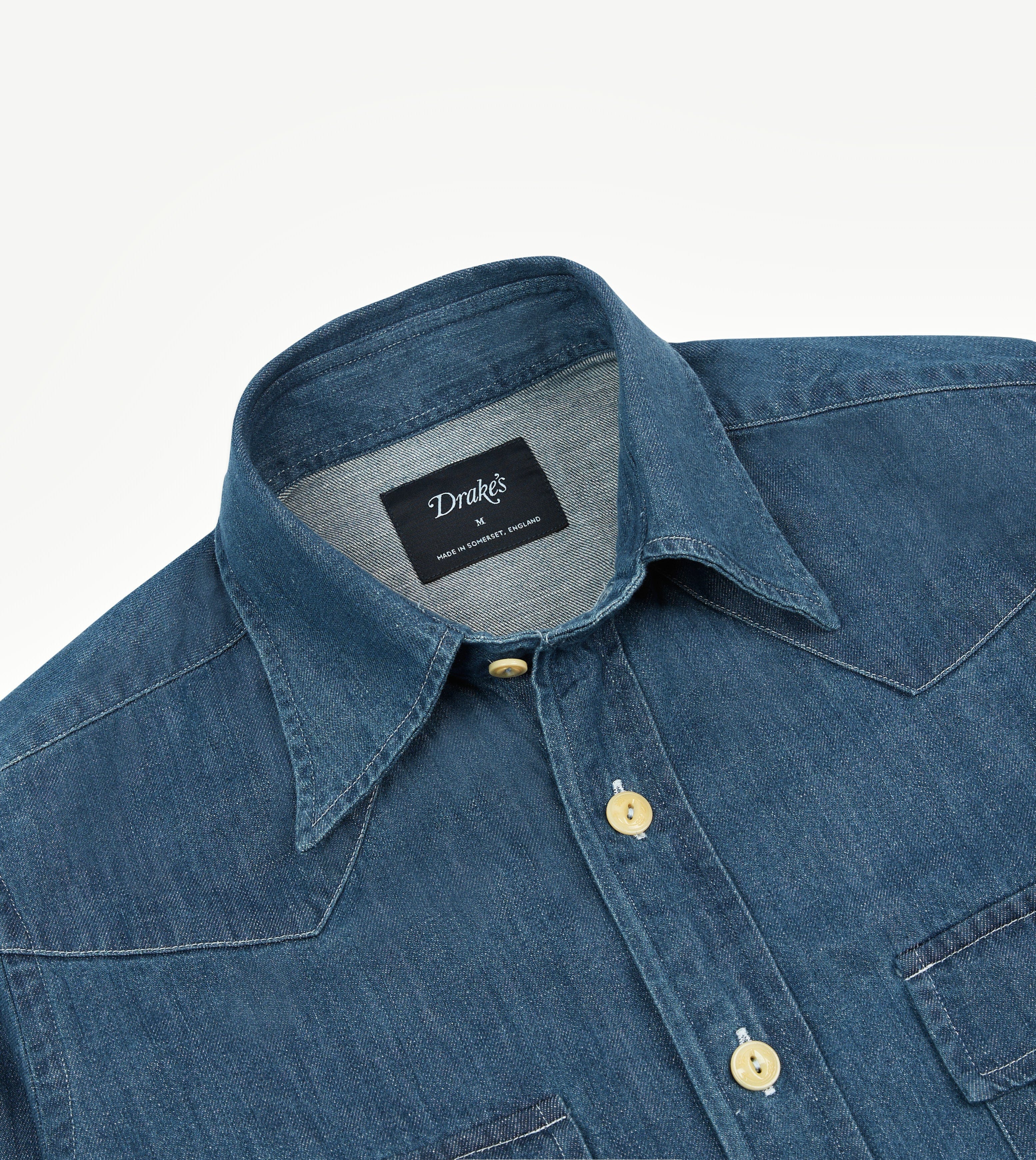 Drake's Light Denim Western Shirt - Stone Wash