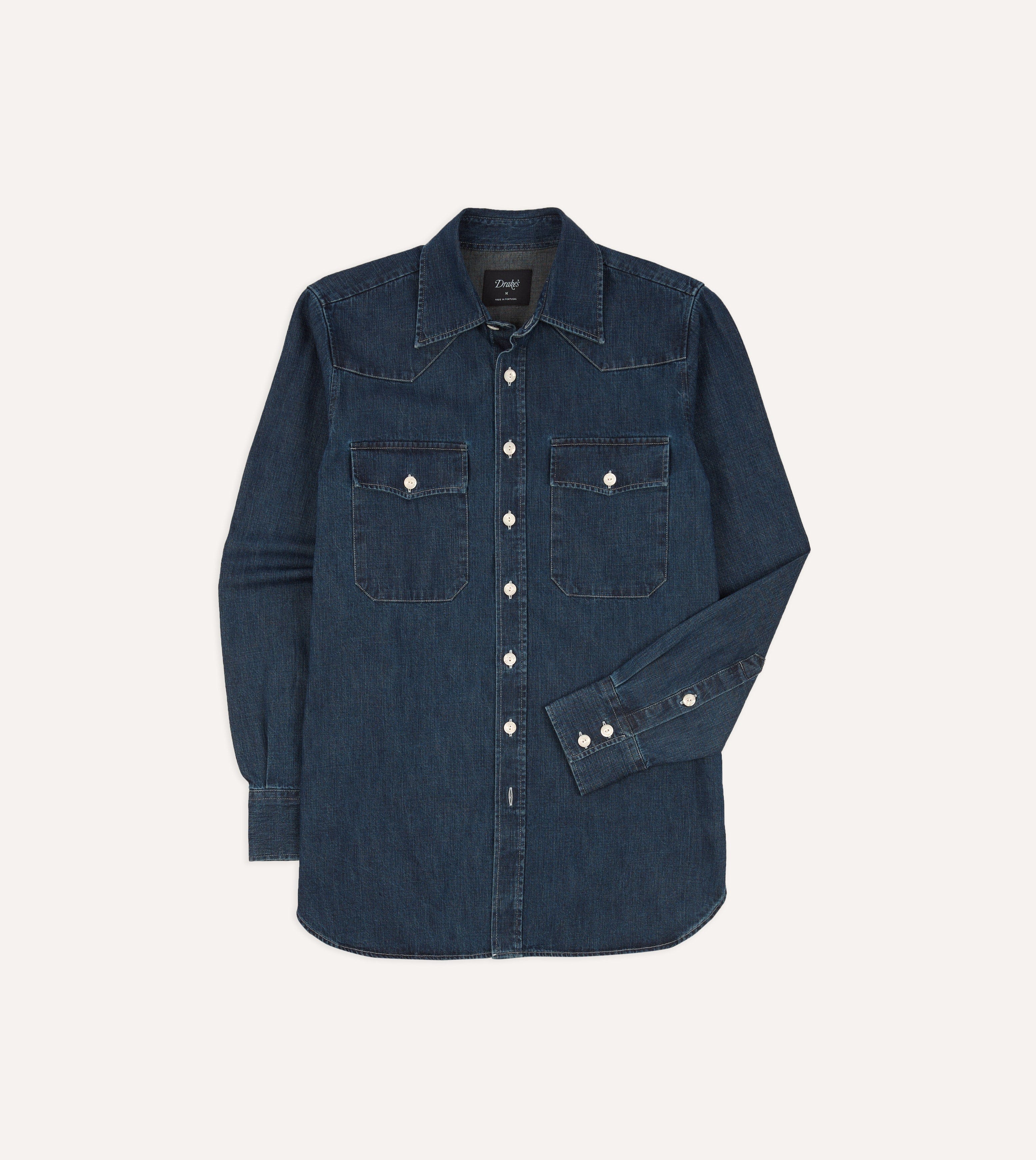 Drake's Light Denim Western Shirt - Stone Wash