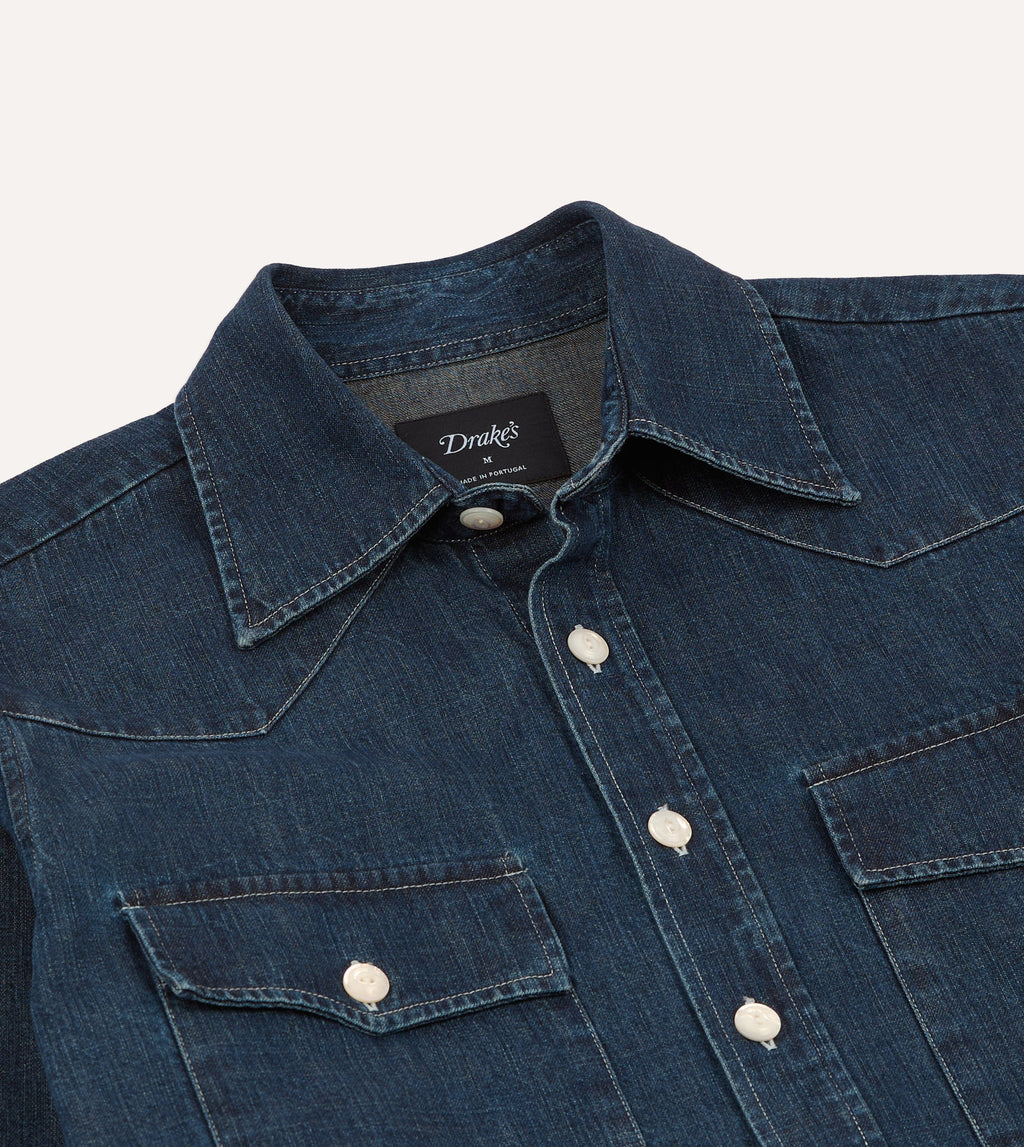 Drake's Light Denim Western Shirt - Stone Wash