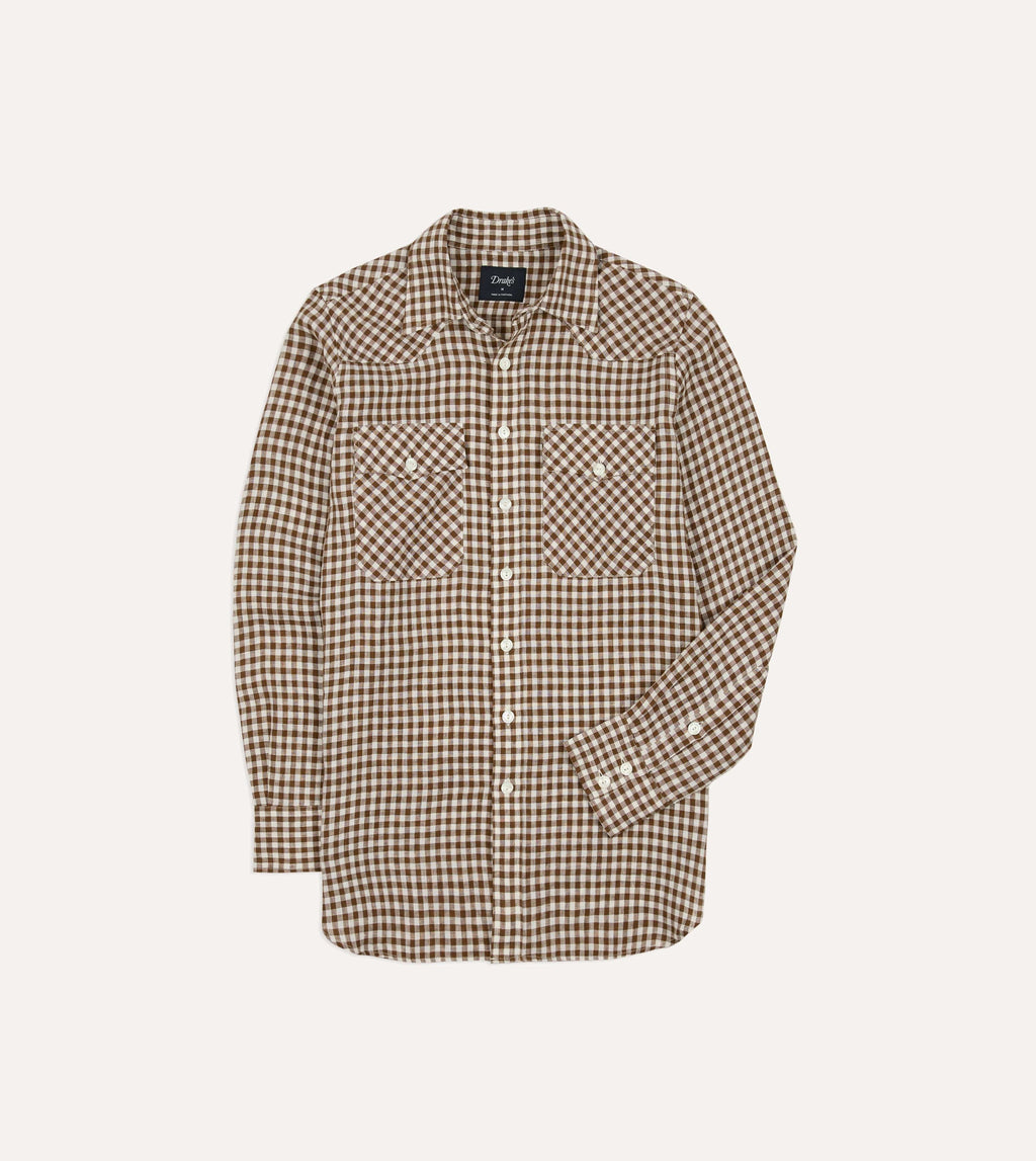 Drake's Linen Gingham Western Shirt - Brown & White