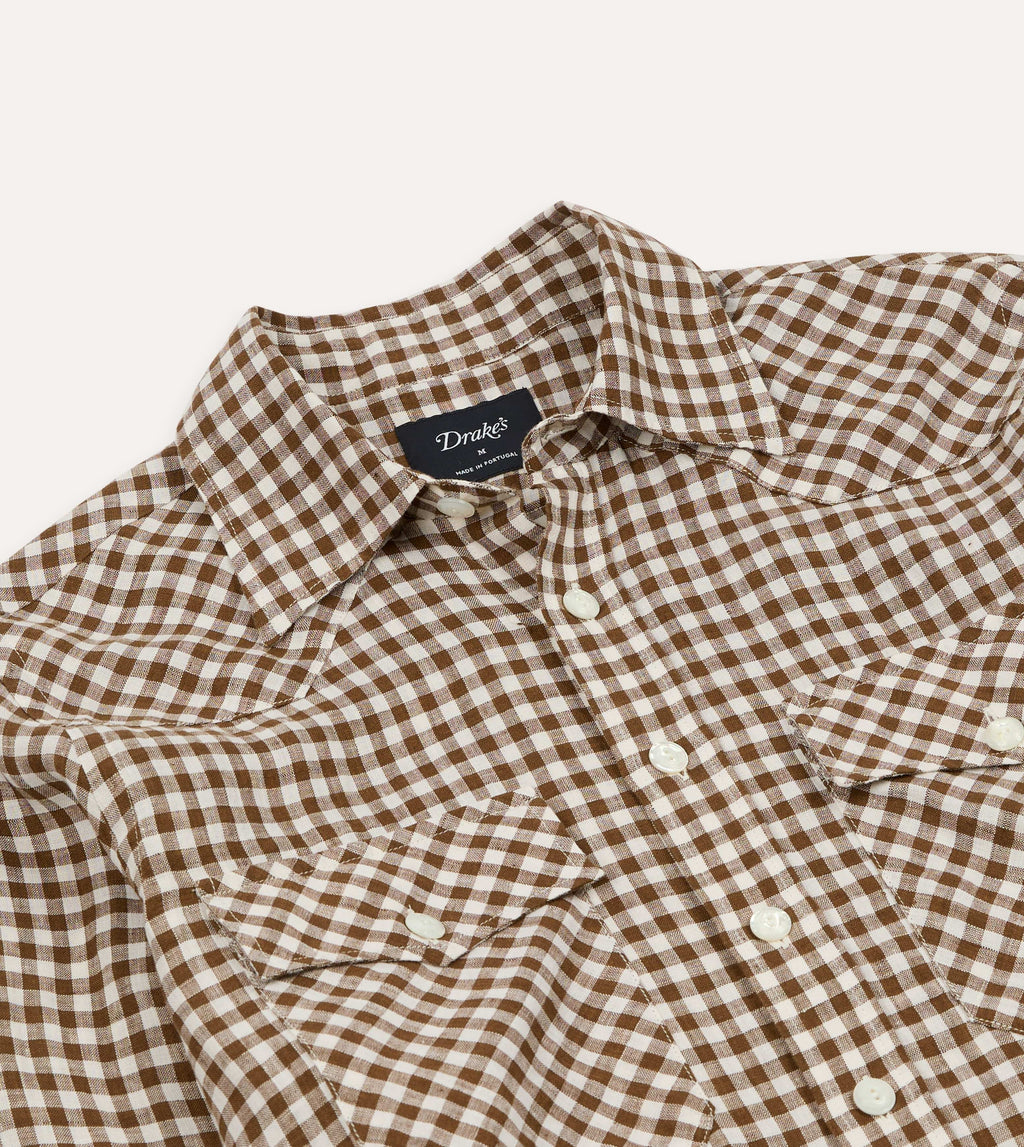 Drake's Linen Gingham Western Shirt - Brown & White