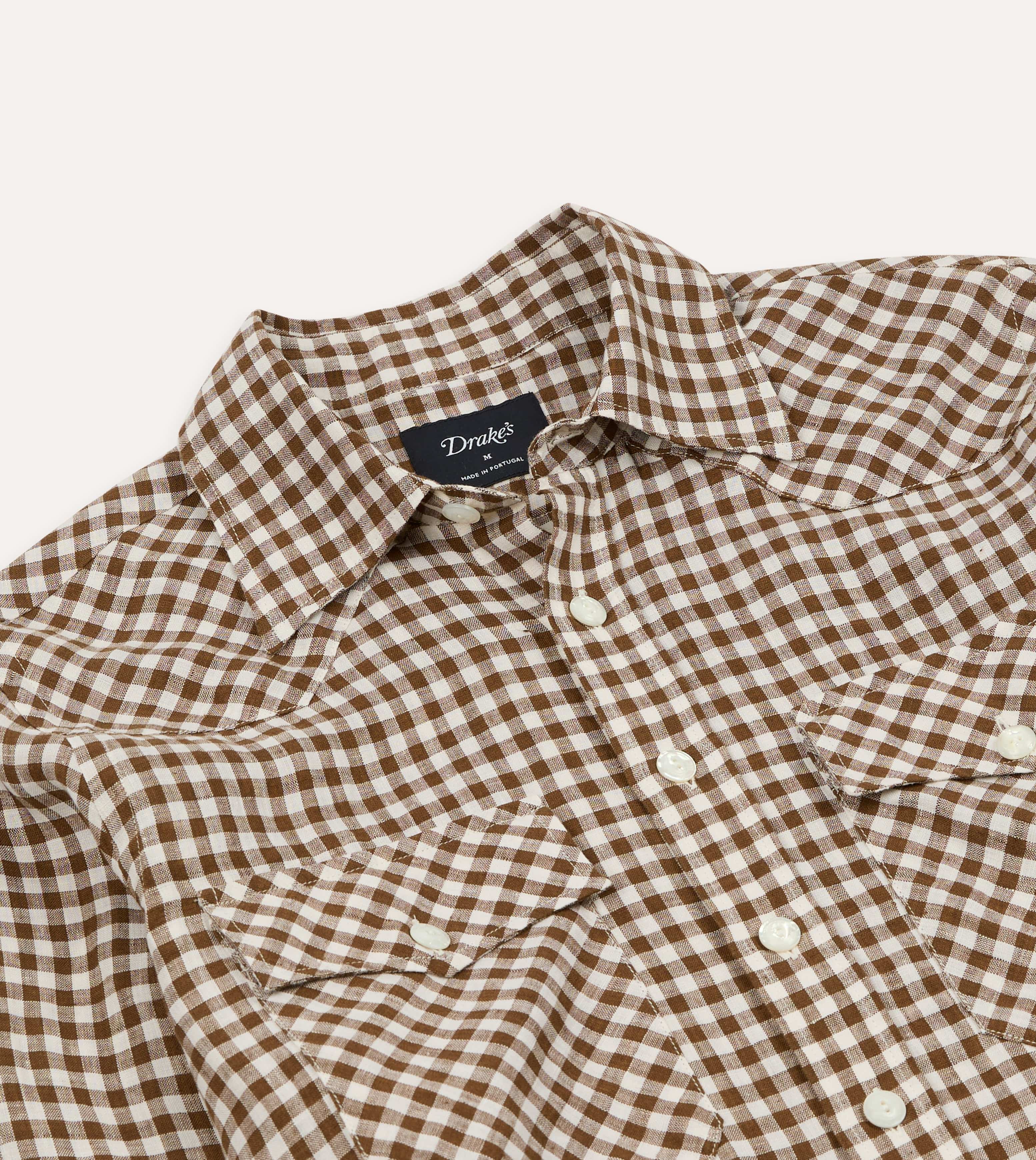 Drake's Linen Gingham Western Shirt - Brown & White