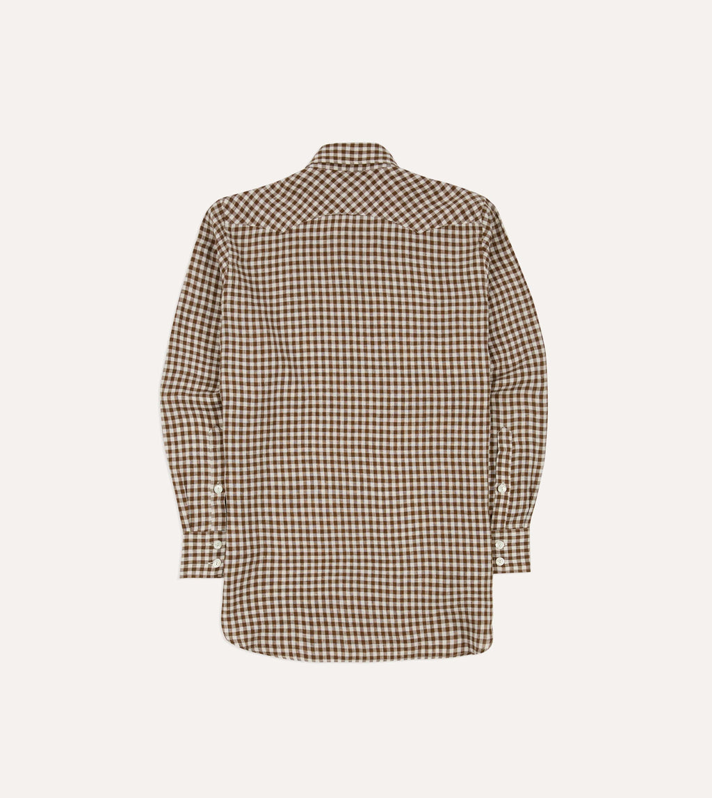 Drake's Linen Gingham Western Shirt - Brown & White