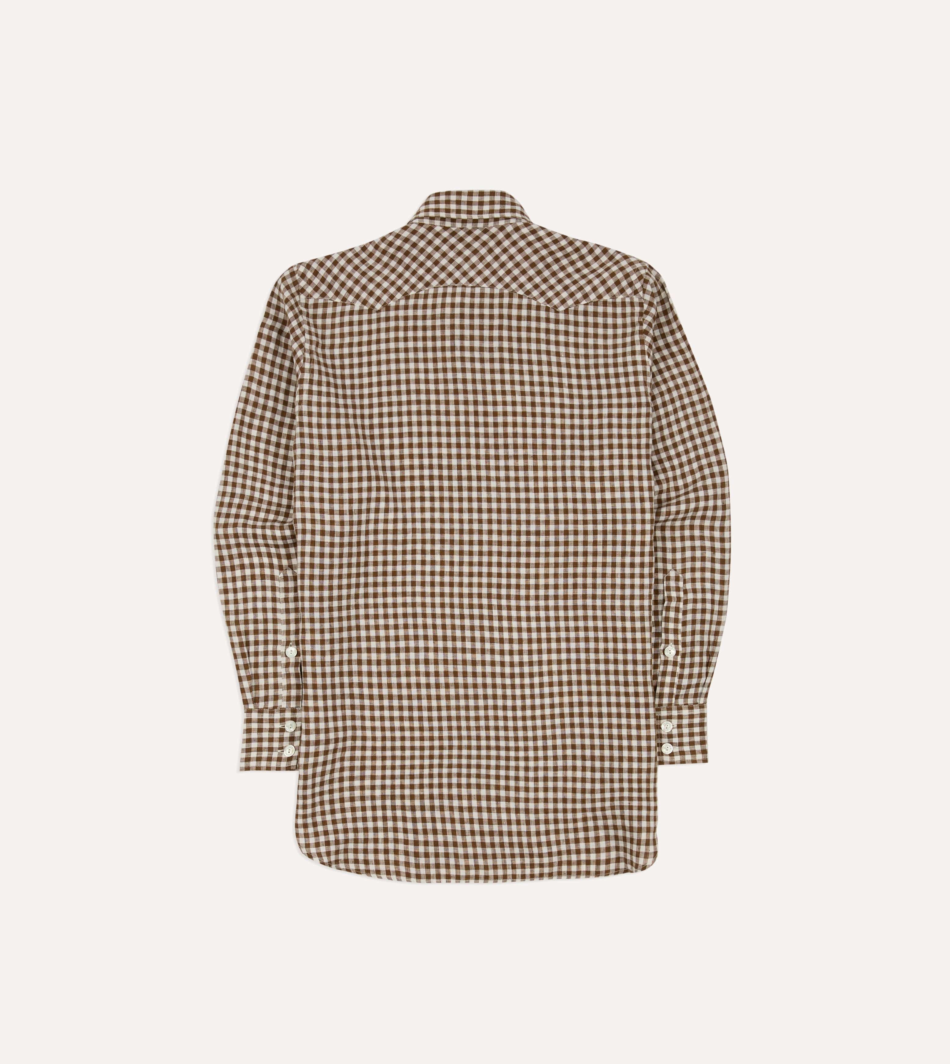 Drake's Linen Gingham Western Shirt - Brown & White