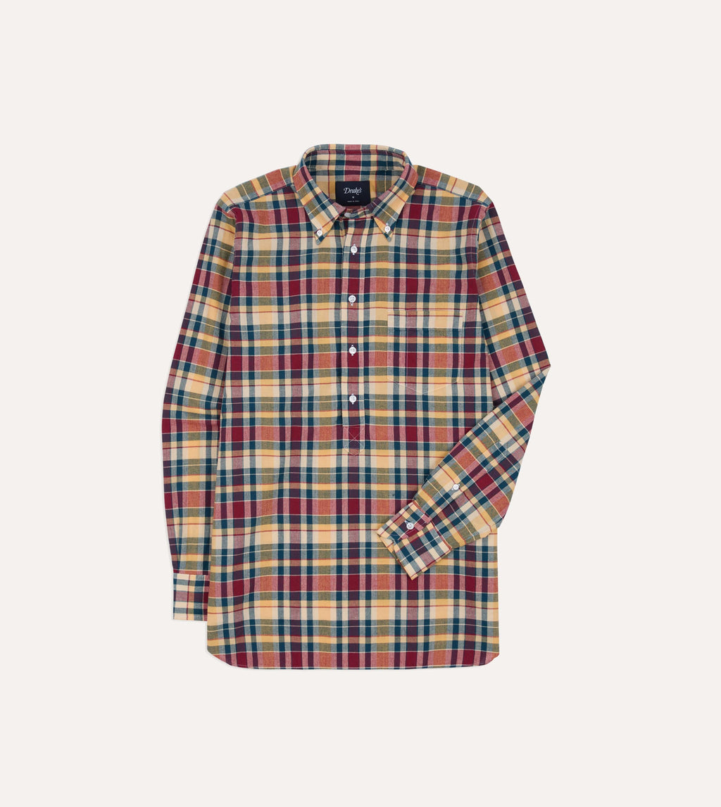 Drake's Madras BD Popover Shirt - Navy, Yellow & Red