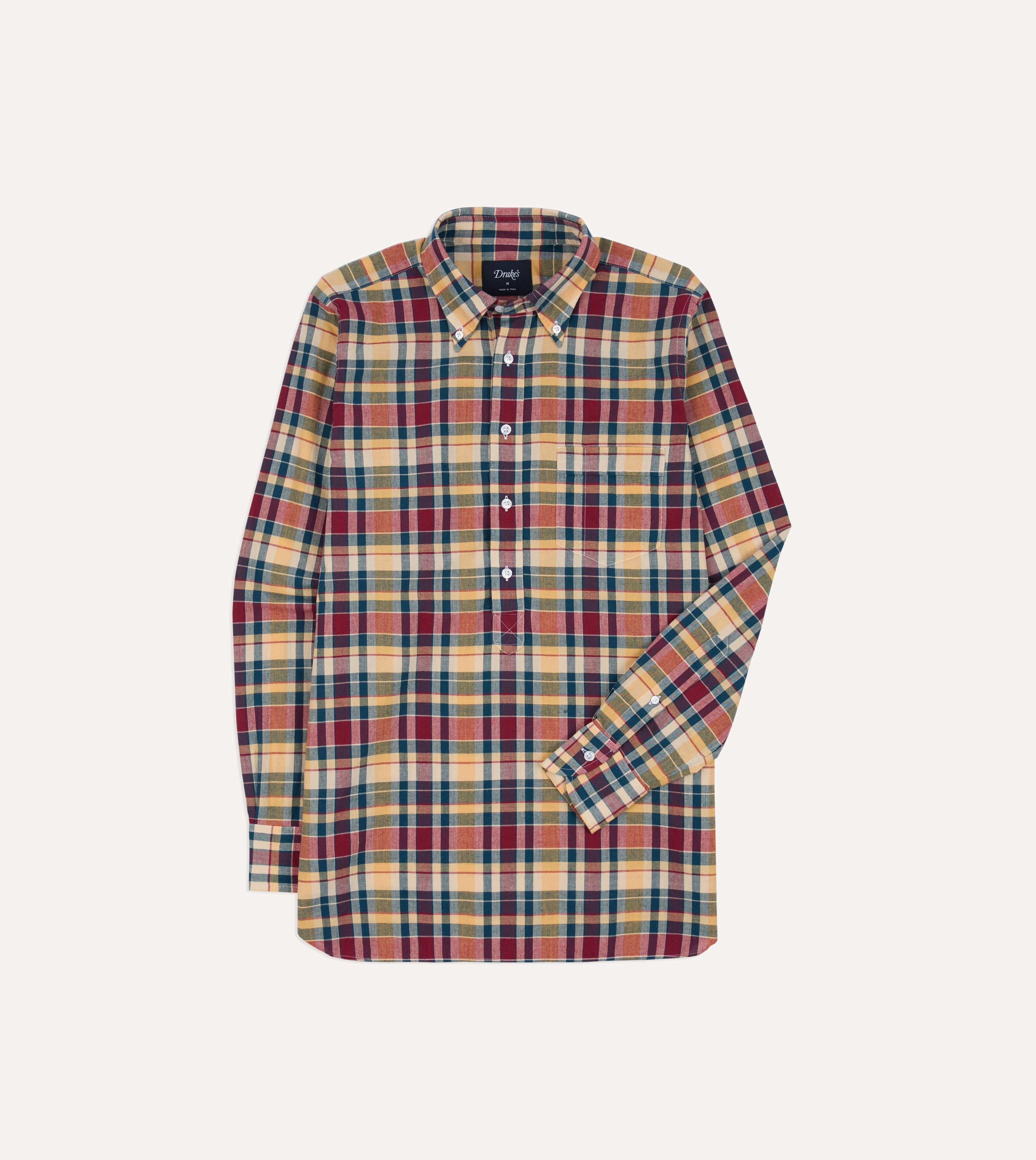 Drake's Madras BD Popover Shirt - Navy, Yellow & Red