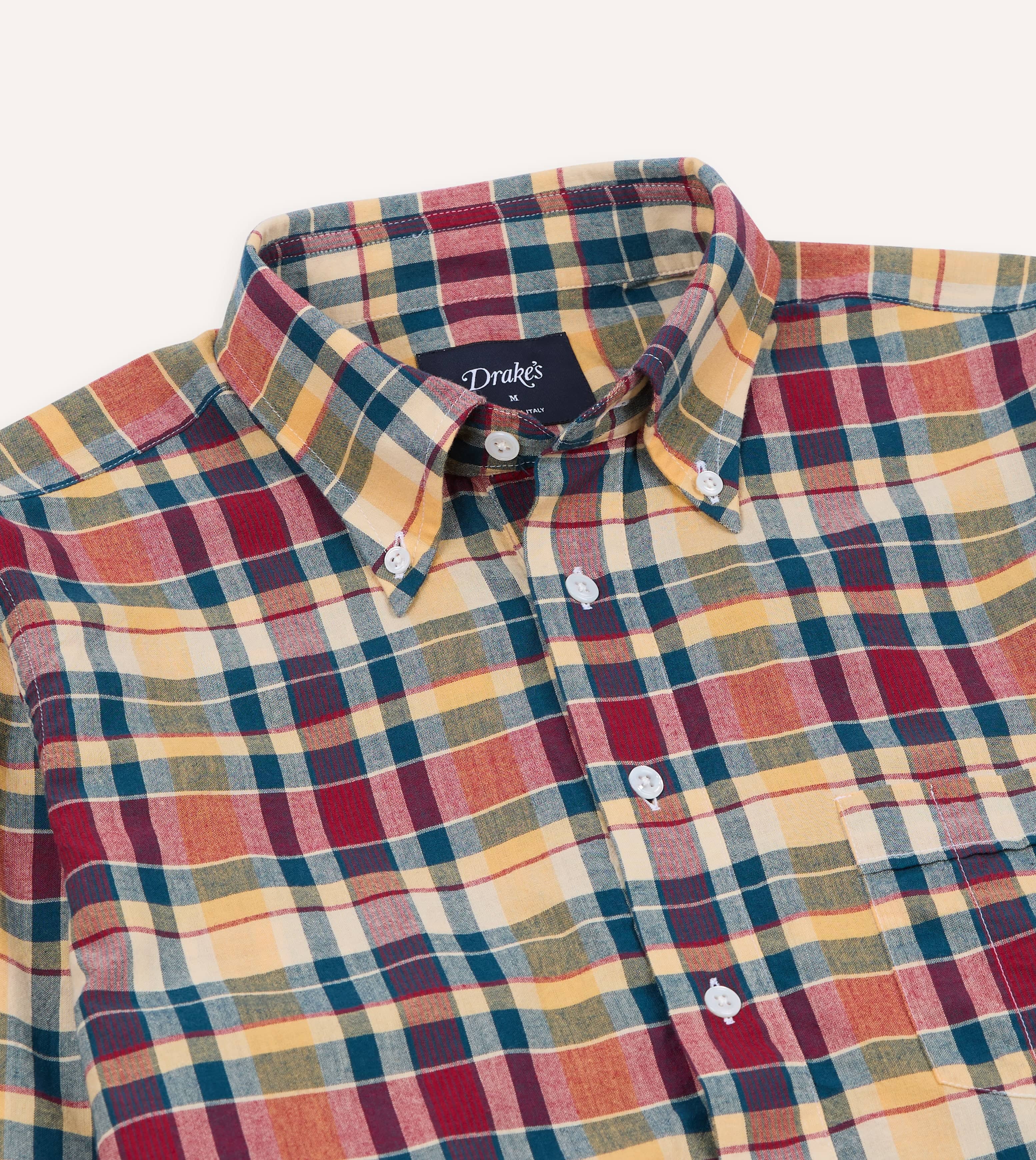 Drake's Madras BD Popover Shirt - Navy, Yellow & Red