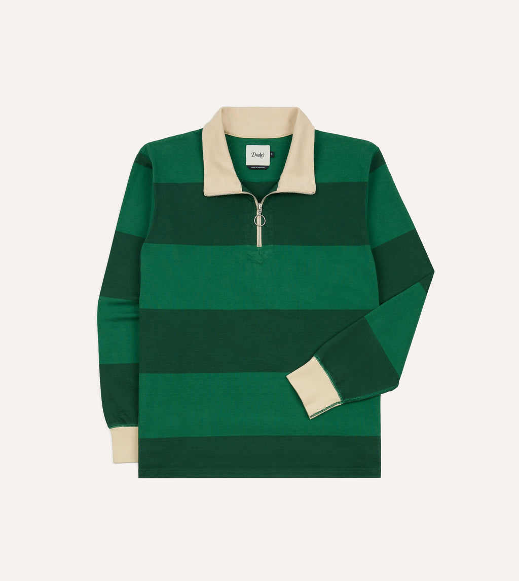Drake's Block Stripe Quarter Zip Rugby - Dark Green