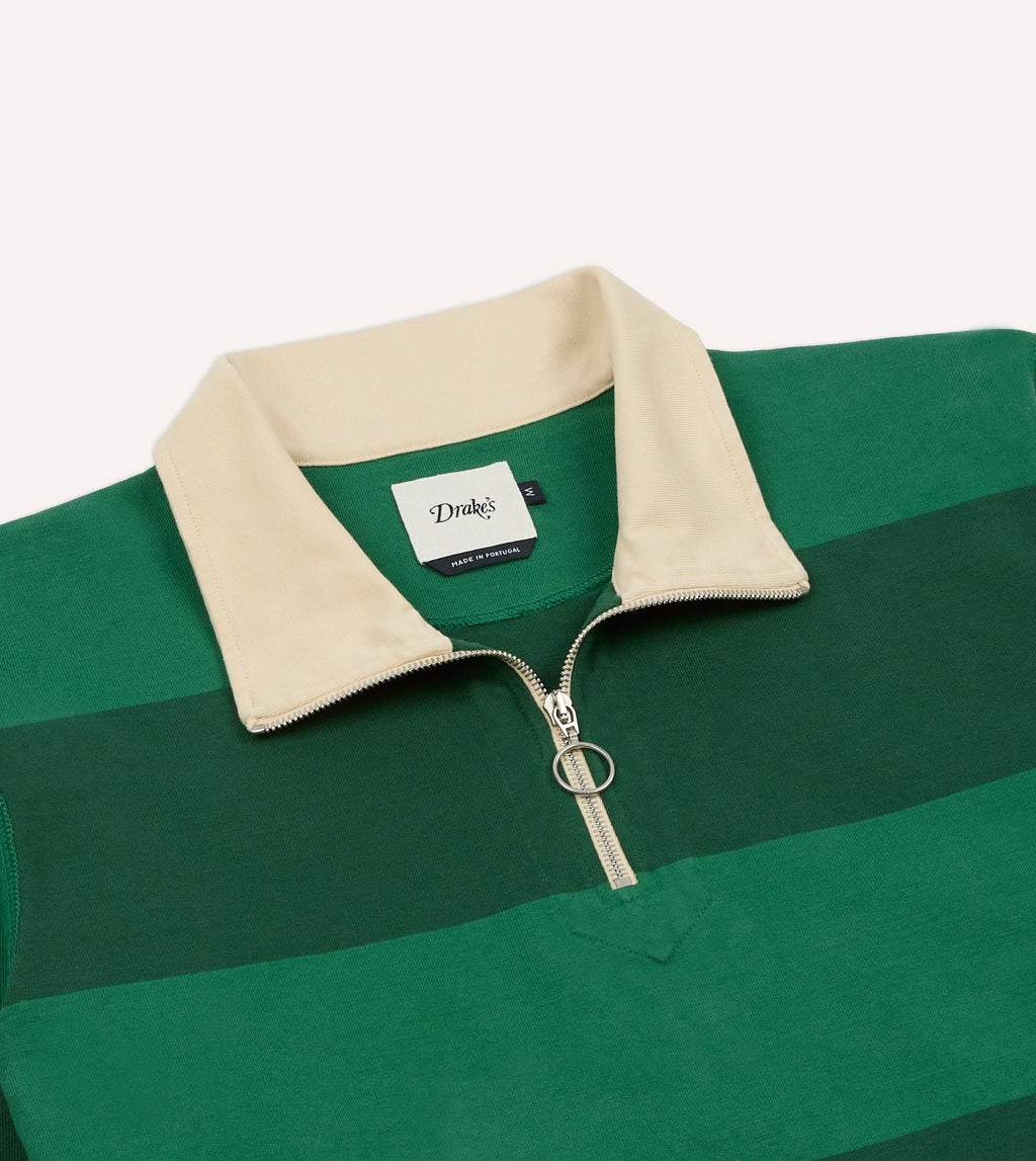 Drake's Block Stripe Quarter Zip Rugby - Dark Green