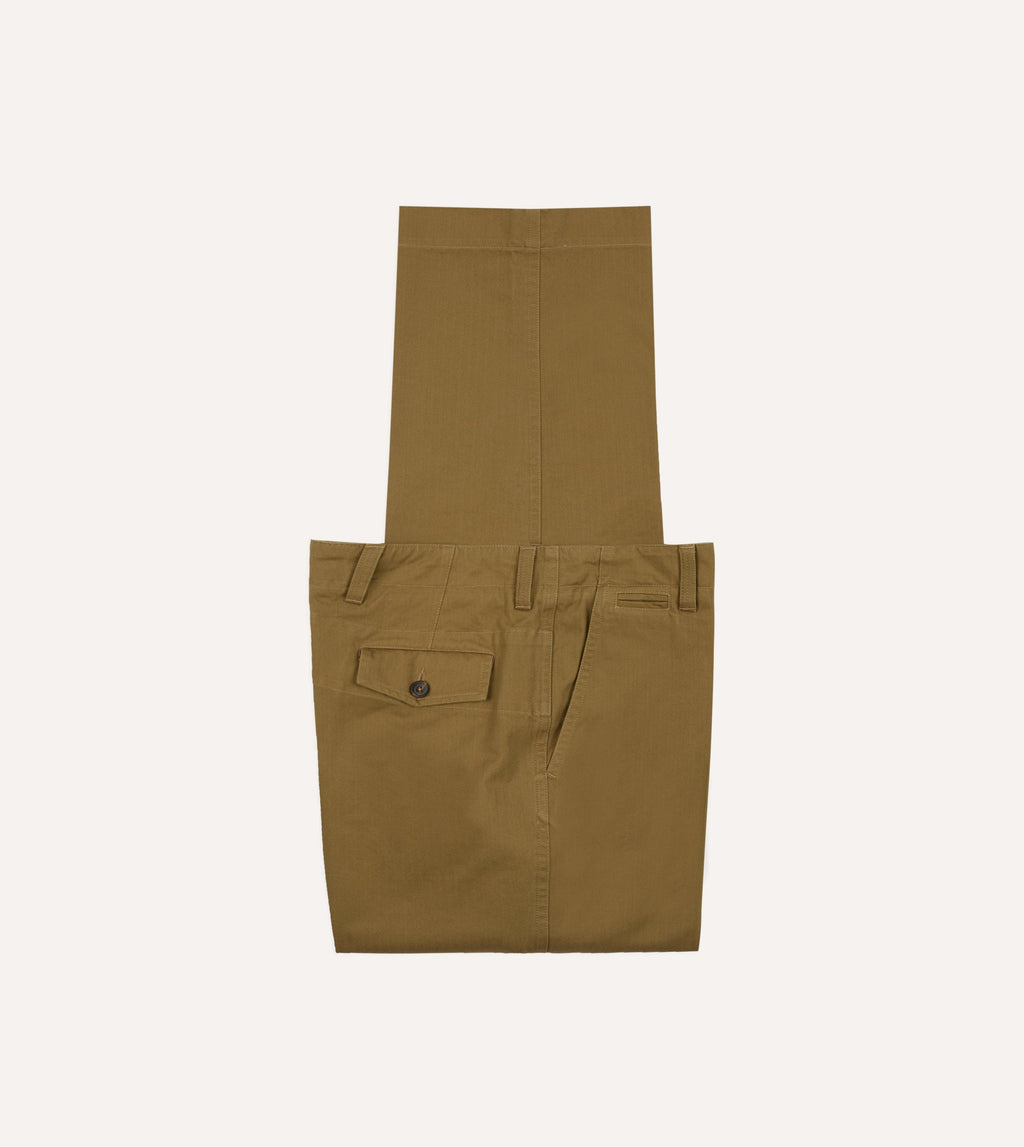 Drake's Herringbone Cotton Wide Leg Flat Front Chino - Khaki