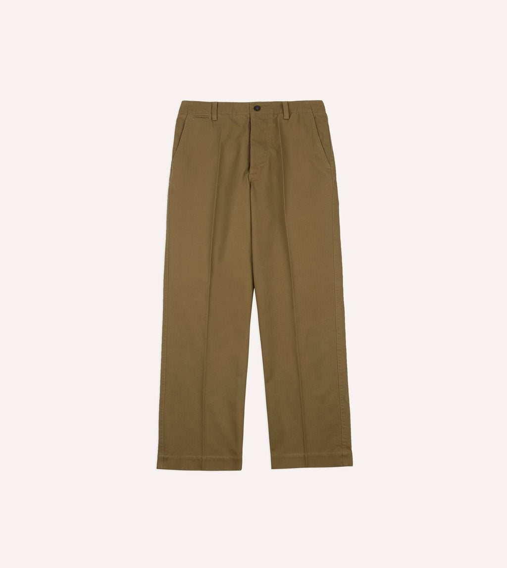 Drake's Herringbone Cotton Wide Leg Flat Front Chino - Khaki