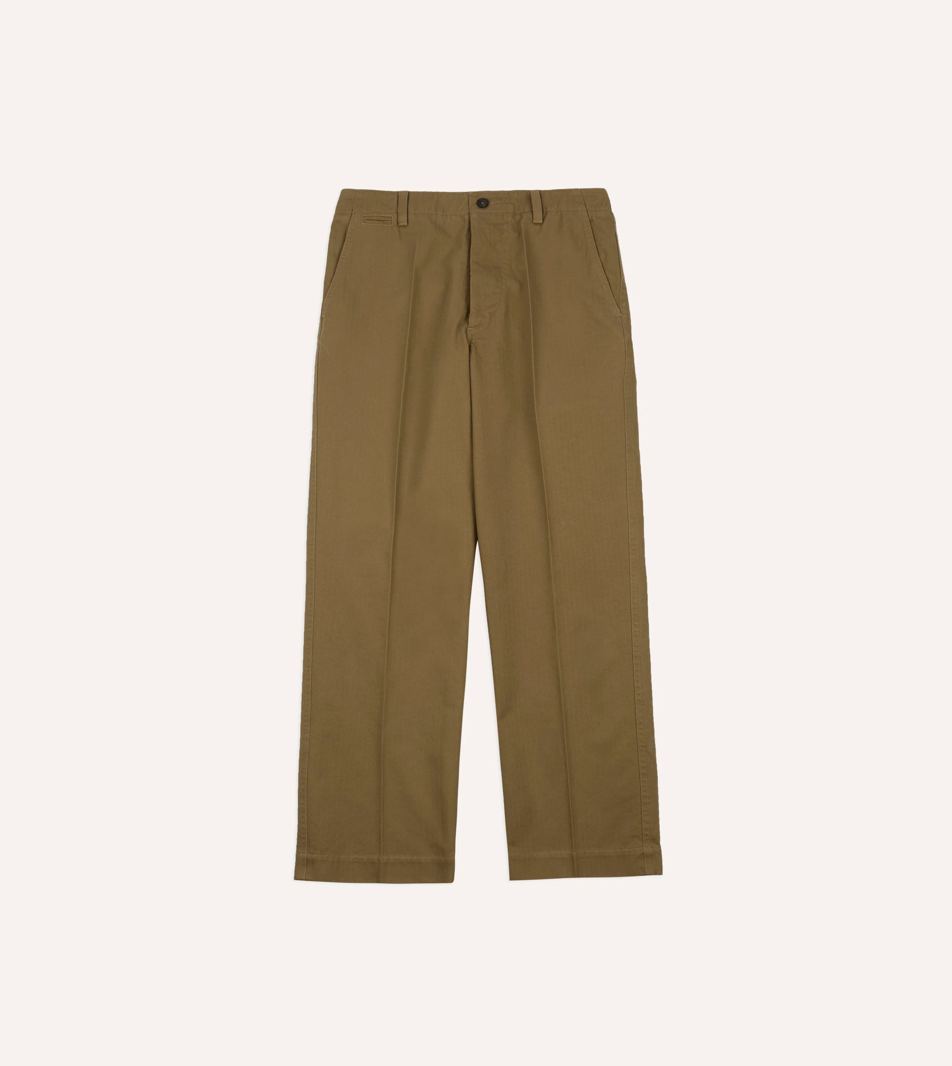 Drake's Herringbone Cotton Wide Leg Flat Front Chino - Khaki