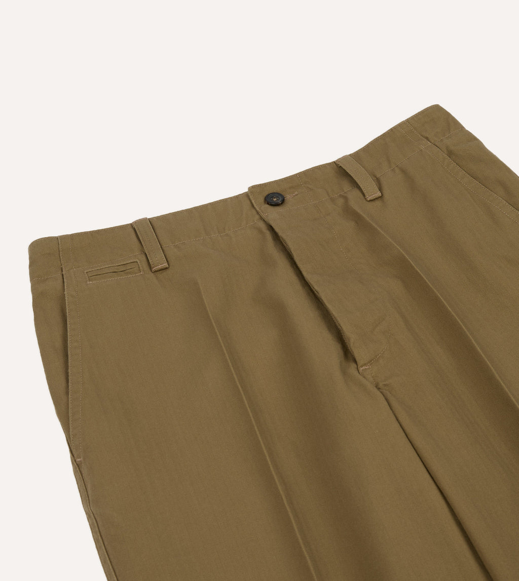 Drake's Herringbone Cotton Wide Leg Flat Front Chino - Khaki