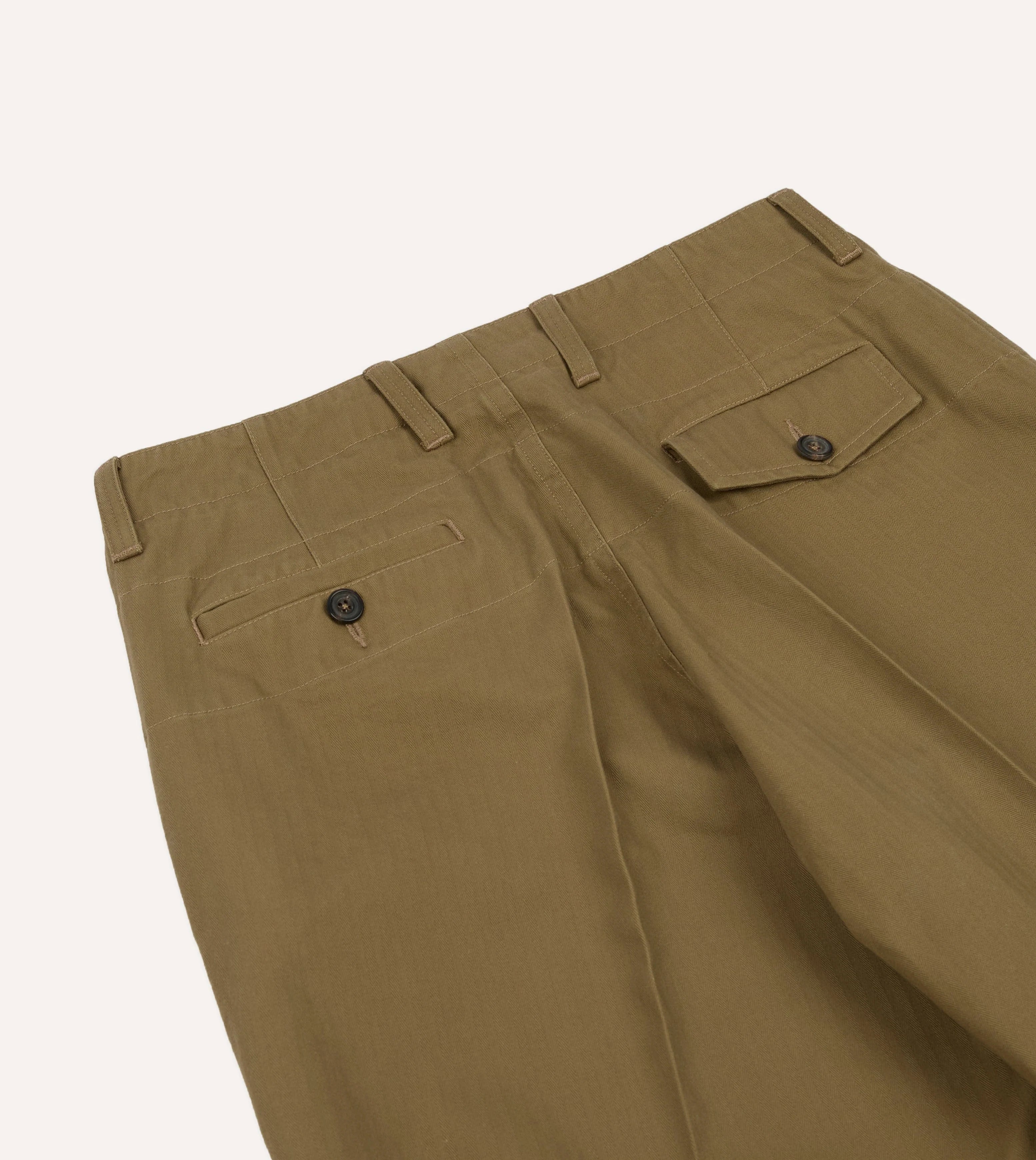 Drake's Herringbone Cotton Wide Leg Flat Front Chino - Khaki