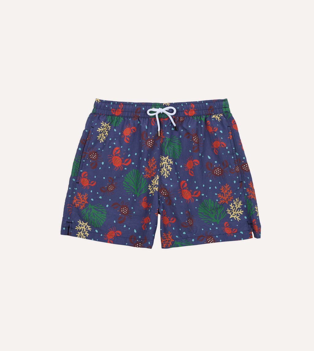 Drake's Crab Print Nylon Drawstring Swim Shorts - Navy