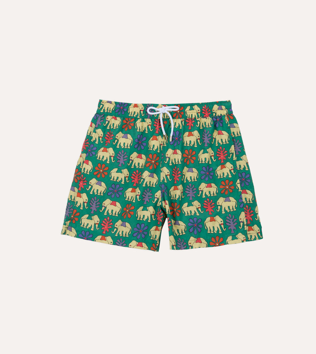Drake's Elephant Print Nylon Drawstring Swim Shorts - Green