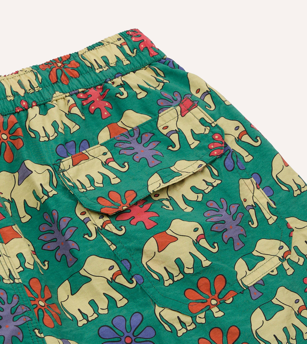 Drake's Elephant Print Nylon Drawstring Swim Shorts - Green