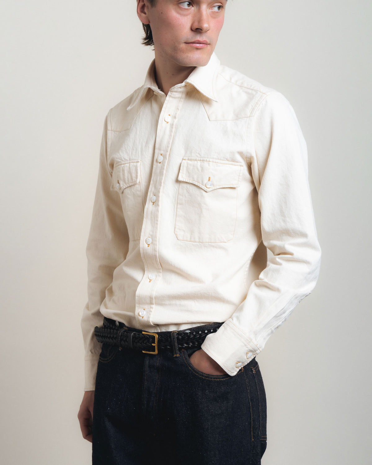 Drake's Two-Pocket Western Shirt - Ecru Denim