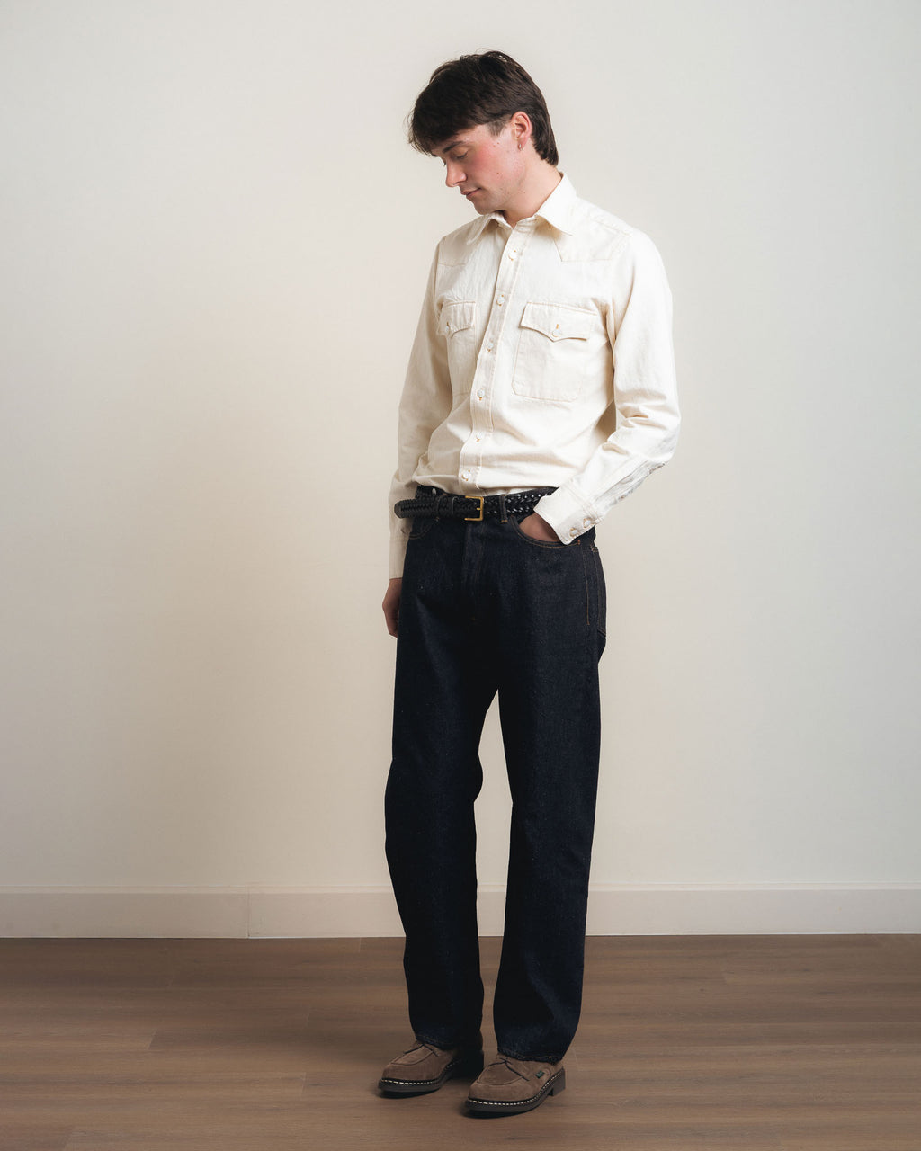 Drake's Two-Pocket Western Shirt - Ecru Denim