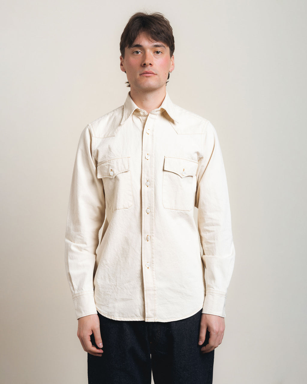 Drake's Two-Pocket Western Shirt - Ecru Denim