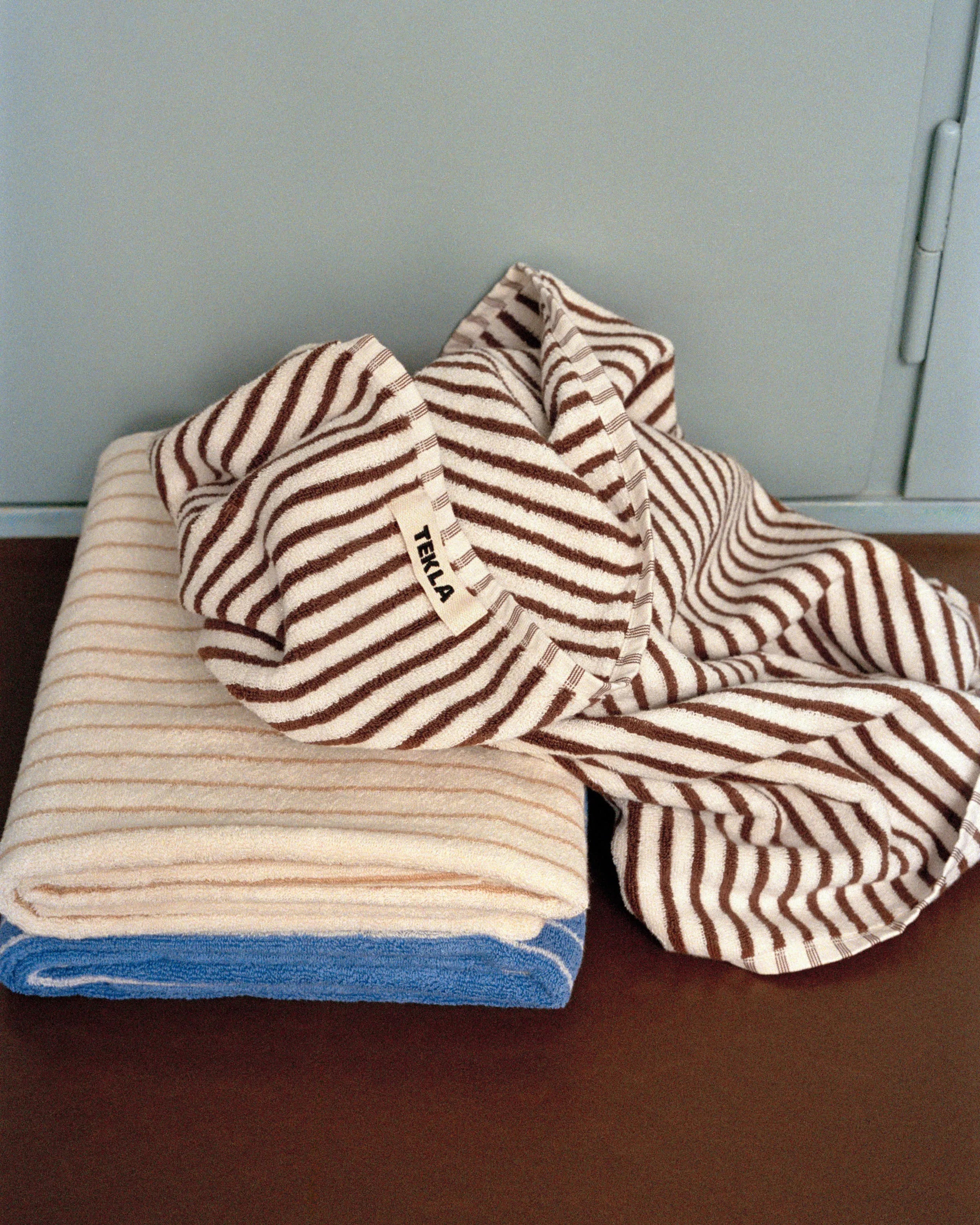 A range of towels from Copenhagen based brand TEKLA. Sold at Drosten, Glasgow.