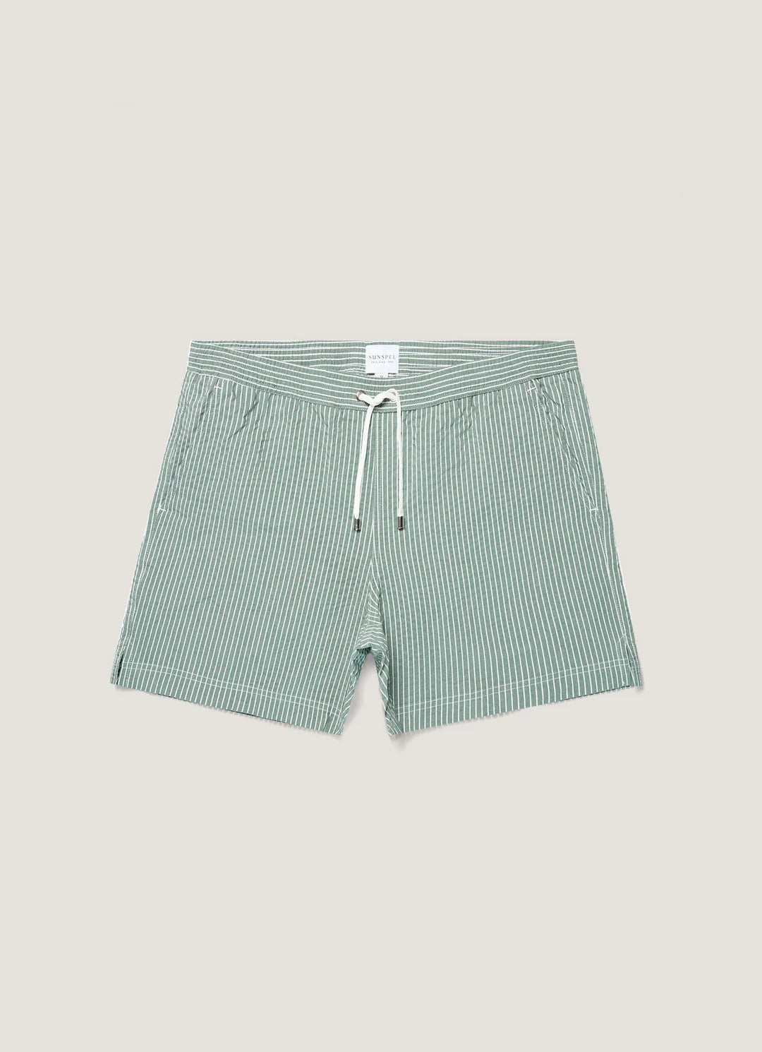 Sunspel Seersucker Swim Shorts - Bright Green/White Stripe